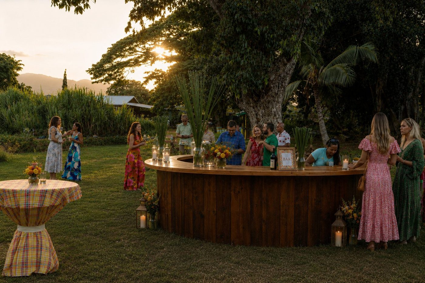 Dark wood semi-circle bar in use at sunset with guests enjoying cocktails