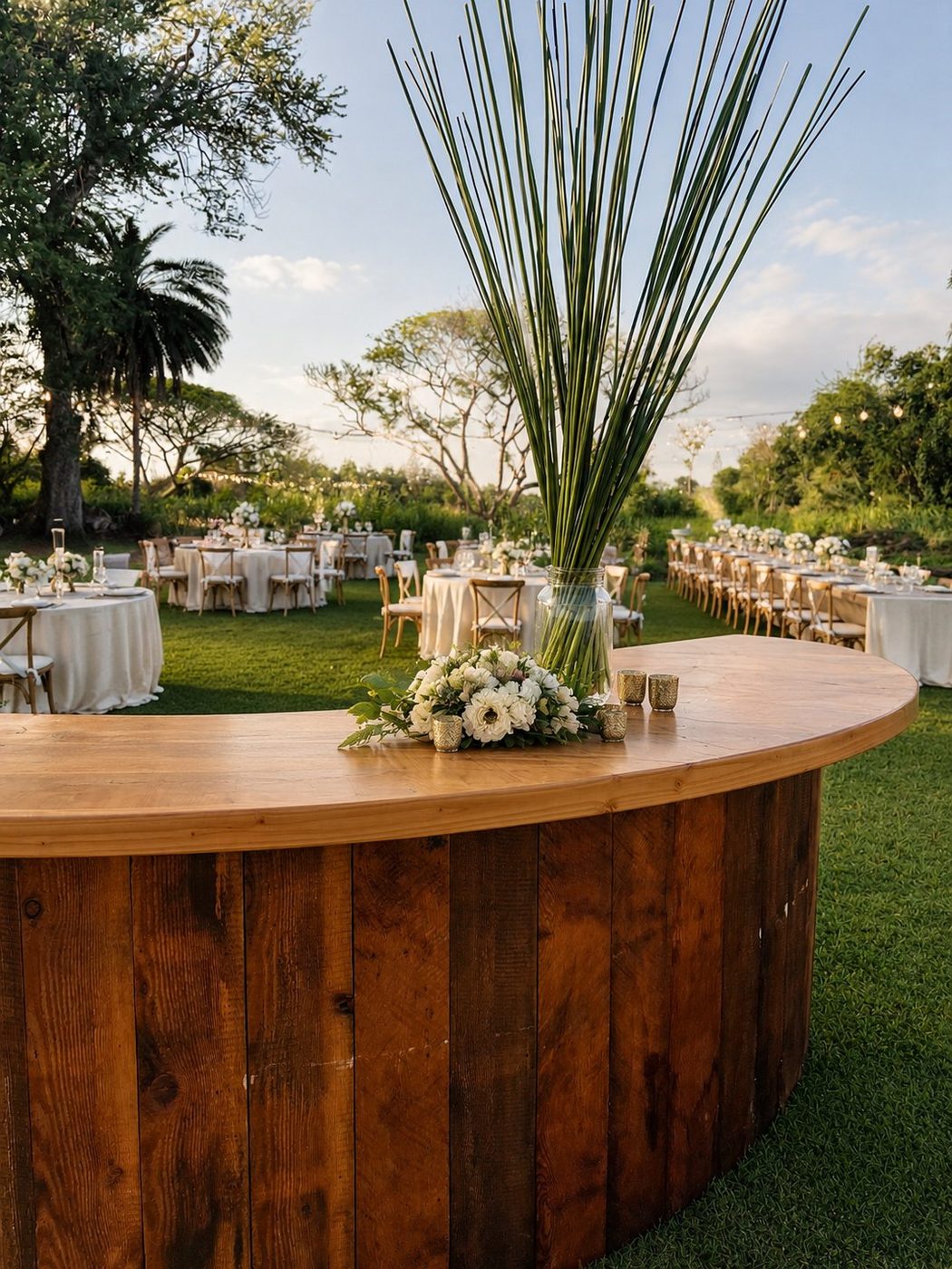 Dark wood semi-circle bar with white florals and gold accents at a luxury reception