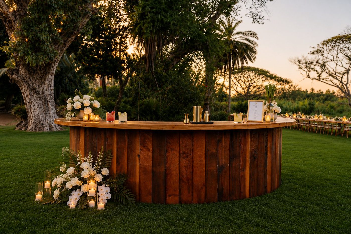 Dark wood semi-circle bar at dusk with orchids and candlelight
