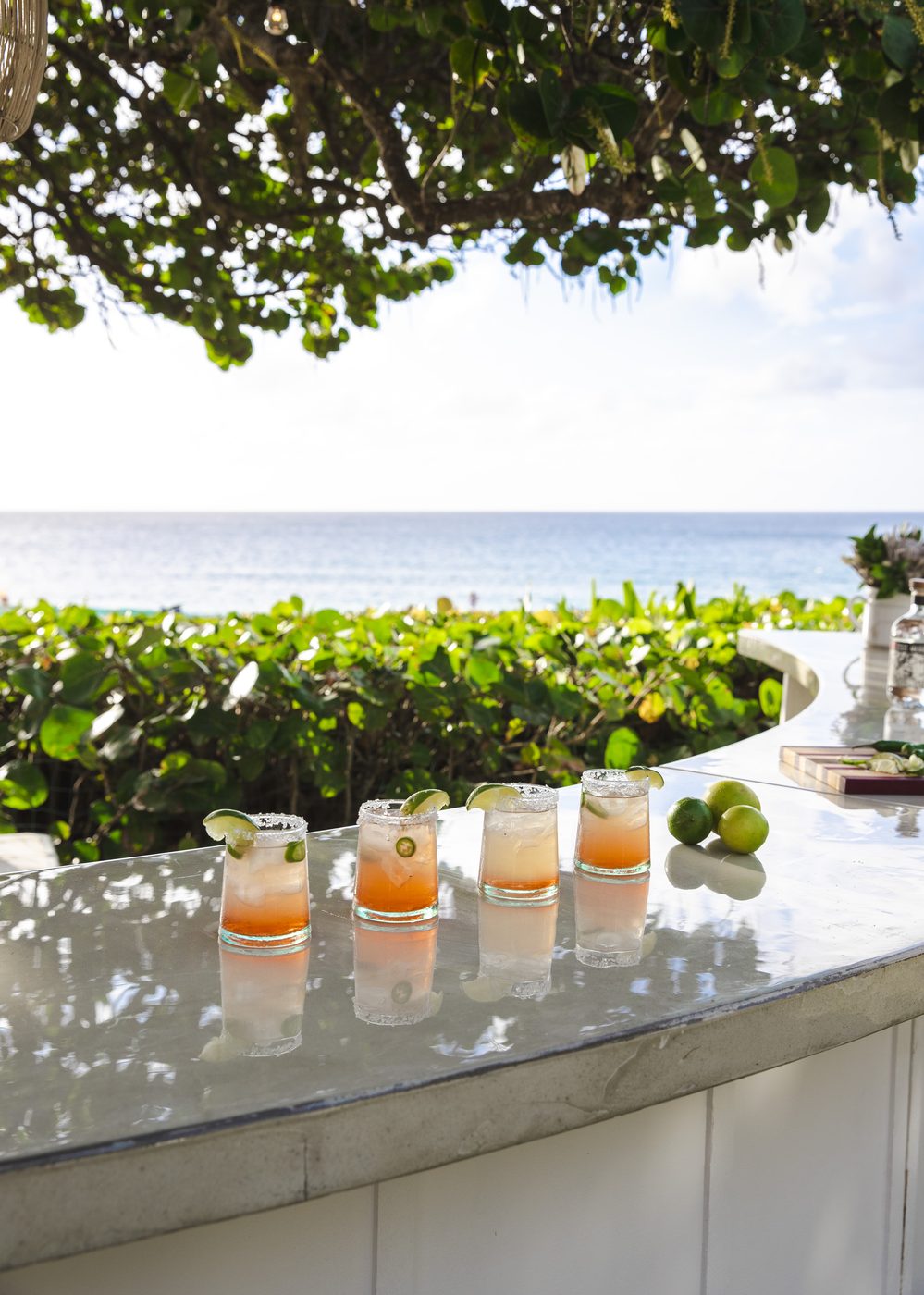 Line of craft cocktails on the white bar with ocean in background