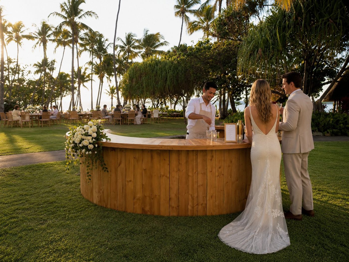 Light wood semi-circle bar with bride and groom at golden hour with palm trees