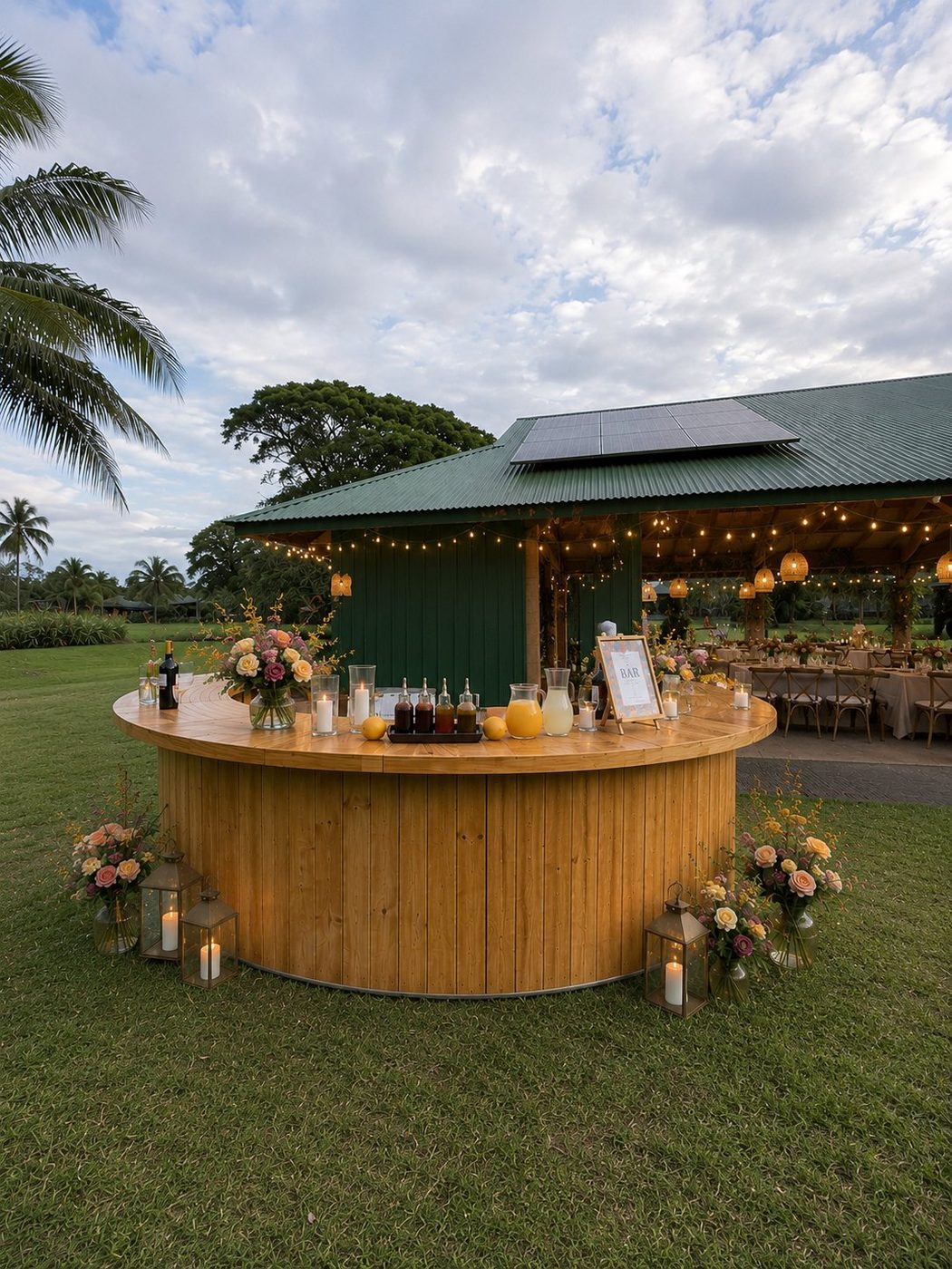 Light wood semi-circle bar styled with colorful florals and lanterns at a whimsical farm wedding